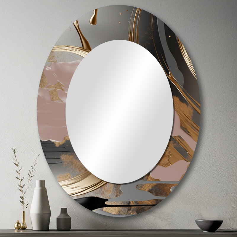 Abstrait abstrait doré et rose Infinity Circles I - miroir mural ovale moderne doré, 43 po x 33 po