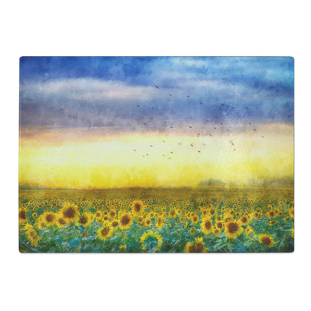 Tempered Glass Flock of Birds Above Sunflowers Chopping Board