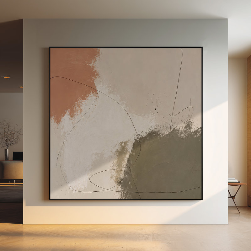 Très grand art mural imprimé sur tissu - Composition abstraite minimaliste avec des tons terre cuite et olive pour le salon ou la chambre à coucher - «Assemblage requis du cadre (cadre non fini)»