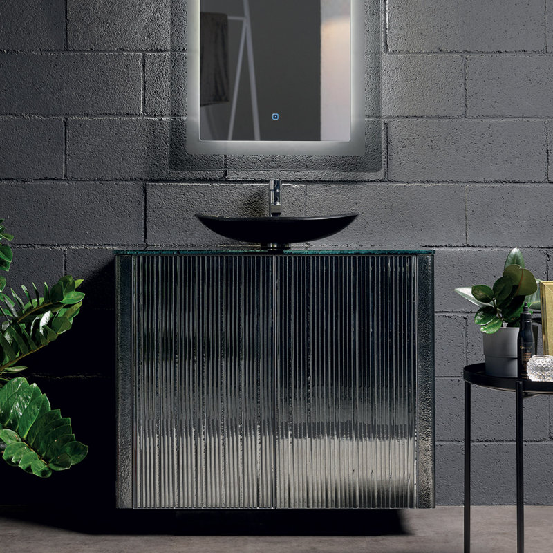 Princess 35'' Single Bathroom Vanity with Glass Top, Smoke Gray Silver