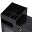 Coiffeuse moderne en noir avec tiroirs, armoire, station de charge et tabouret de bureau carré, porte d'armoire en verre avec orifices de maquillage, siège ergonomique confortable, rangement-1029460887