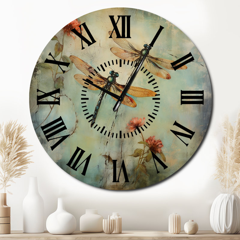 Horloge murale rétro avec libellule, Surdimensionné