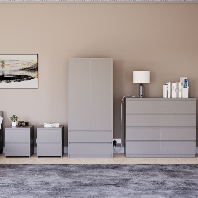Tanino 4 Piece Bedroom Set (2 Drawer Large Bedside Chest X2, 8 Drawer Chest, 2 Door 2 Drawer Wardrobe), Grey
