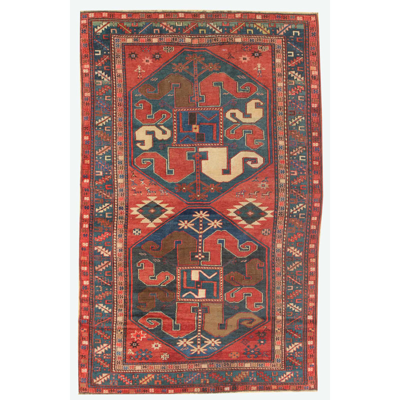 Tapis unique rouge, bleu marine et beige de 4 pi 4 po x 7 pi 9 po