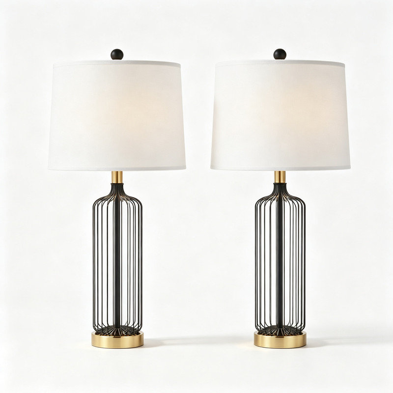 Ensemble de 2 lampes de table cage de 71 cm de hauteur, lampes de chevet à intensité variable (3 niveaux) avec abat-jour blanc, pour chambre, salon, bureau ou pièce de travail. Ampoules non incluses.