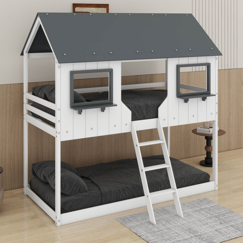 Lit superposé simple au-dessus de simple avec toit et fenêtre - Lit superposé en bois de style maison avec barrière de sécurité et échelle