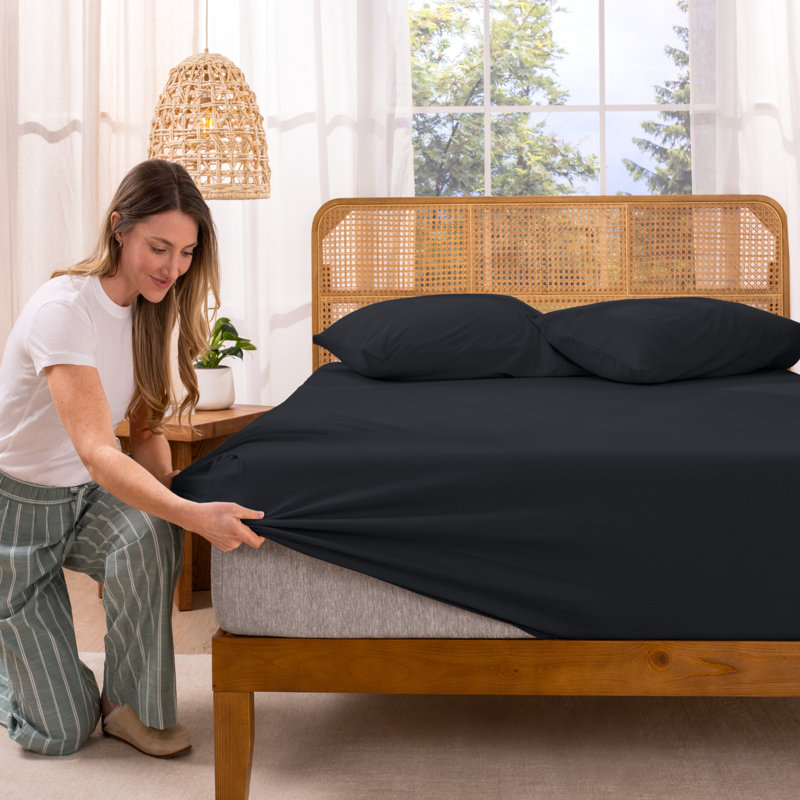 Organic 100% Cotton Jersey Knit Fitted Sheet, Queen Fitted Sheet, Black