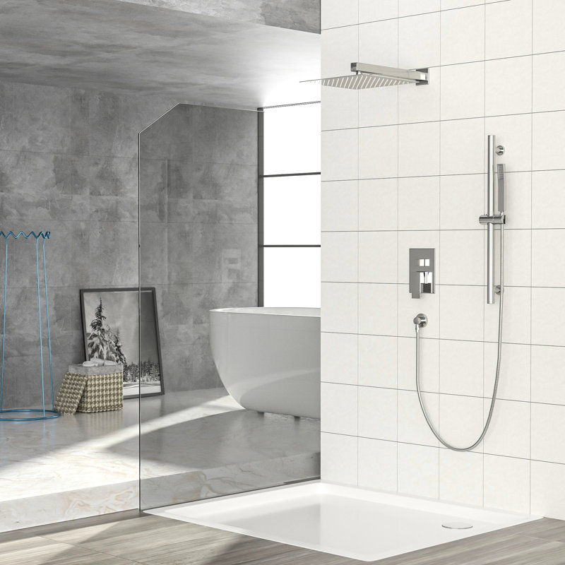 Brushed Nickel Shower With 12 Inch Square Head - Adjustable Slide Bar, -Balanced Valve & Handheld Detail Wall Mounted Feature