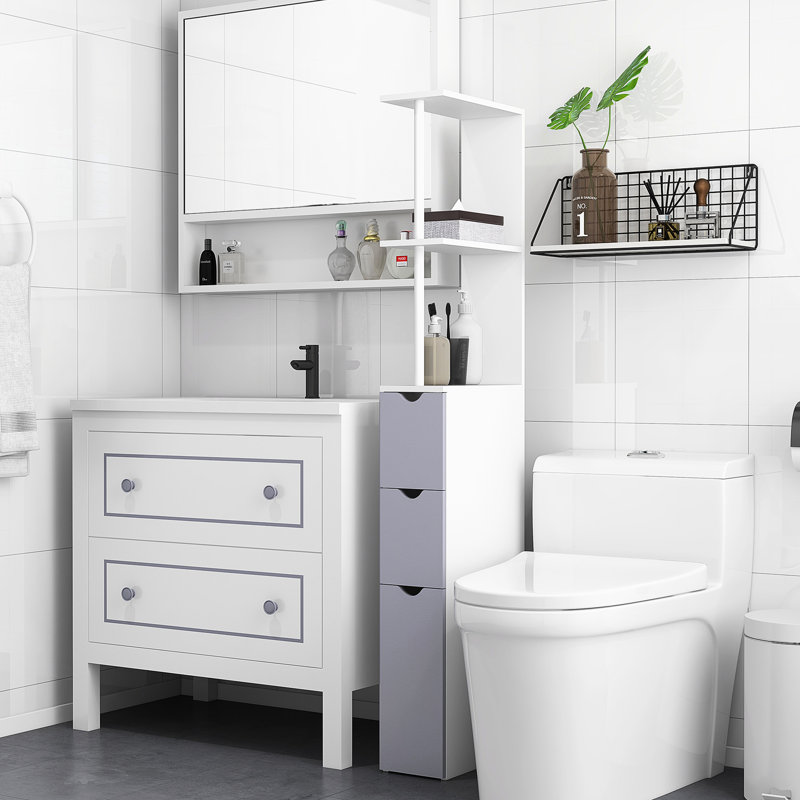 Tour de rangement blanche pour linge de salle de bain - 137 cm de hauteur avec 2 tablettes et tiroirs, organisateur latéral étroit et peu encombrant pour ranger les essentiels de toilette, tiroirs de rangement, format compact