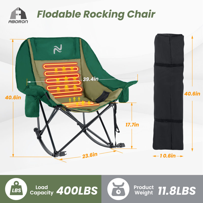 Fauteuil de camping berçant surdimensionné chauffé, fauteuil inclinable rembourré robuste, fauteuil d'extérieur pliable, Vert