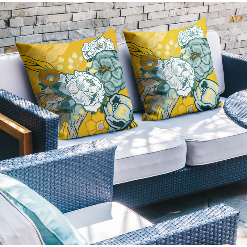 Floral Outdoor Reversible Throw Pillow, 15W" x 15H", Yellow/Green/Brown