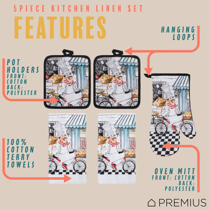 PREMIUS 5 Piece Printed Kitchen Linen Set, Baking Chef, 2 Cotton Towels, 2 Pot Holders, 1 Oven Mitt