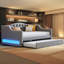 Full XL Upholstered Daybed with LED Light Strip and Pull-Out Trundle, Linen Platform Frame with Backrest-728717947