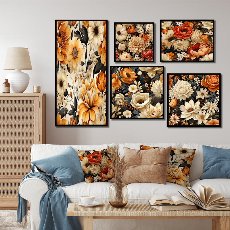 Acanthe - ensemble de 5 impressions murales florales, Cadre flottant noir