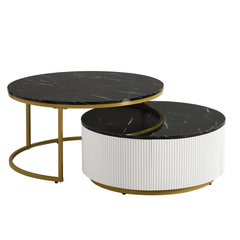 Round Nesting Coffee Table Fluted With Drawer In  & Gold In 27.6" Only The Table, No Chairs., Golden Black