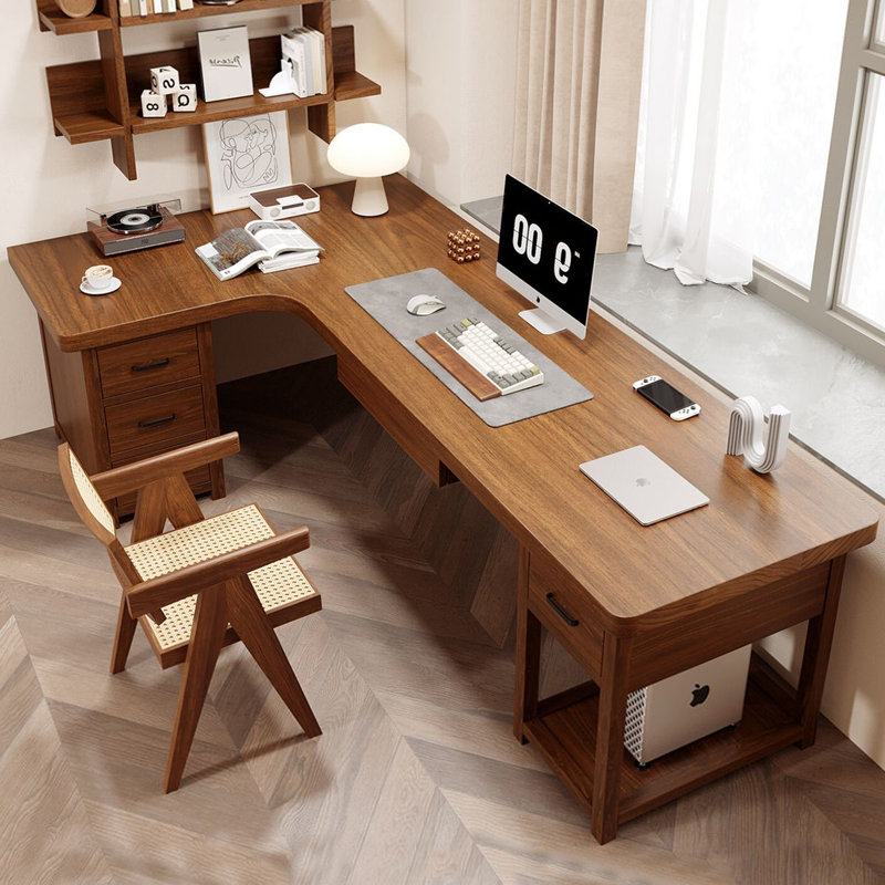 Bureau en bois de noyer massif en forme de L avec 5 tiroirs
