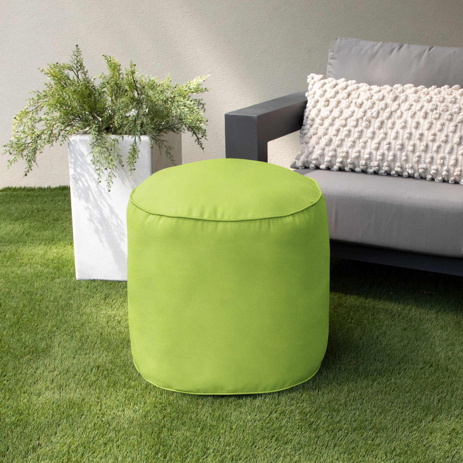 Demi Round Upholstered Outdoor Ottoman with Sunbrella® Cushion, Canvas Macaw Sunbrella® Canvas