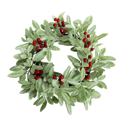 Couronne de Noël artificielle de 54 cm (21,25 pouces), couronne de verdure floquée en forme d'oreilles d'agneau avec baies rouges éclatantes pour la décoration de porte d'entrée pendant les fêtes d'hiver