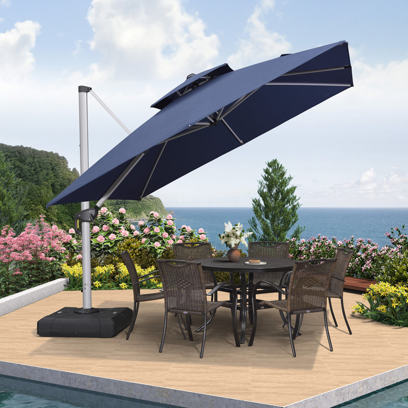 Parasol carré en porte-à-faux Diamondville, Argent, Bleu marine