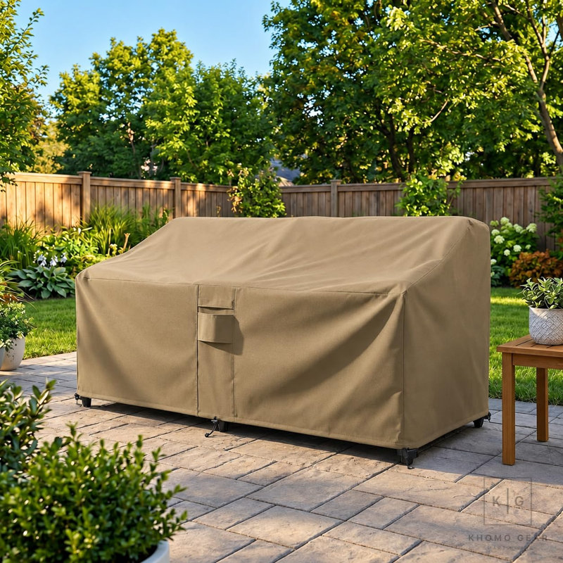Housse de canapé de patio résistante aux intempéries avec protection en PVC respirante et durable, ourlet élastique réglable, sangles à fermeture par clic et trous