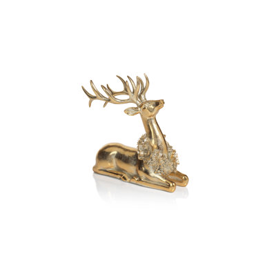 Sitting Deer Figurine with Floral Wreath
