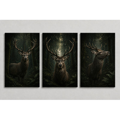 Grand ensemble de 3 art mural sur toile de chevreuil, art animalier de la forêt, décor de nature rustique pour le salon, chambre à coucher, chalet, 16 x 24 pouces