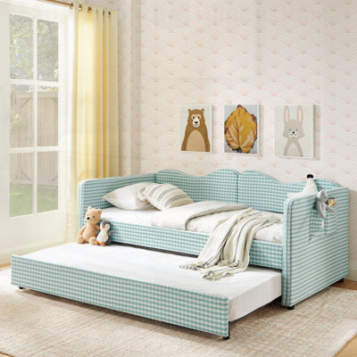 Gingham Upholstered Daybed with Pull-Out Trundle, Side Storage, and Solid Wood Frame for Versatile Use in Kids Rooms and Guest Bedrooms