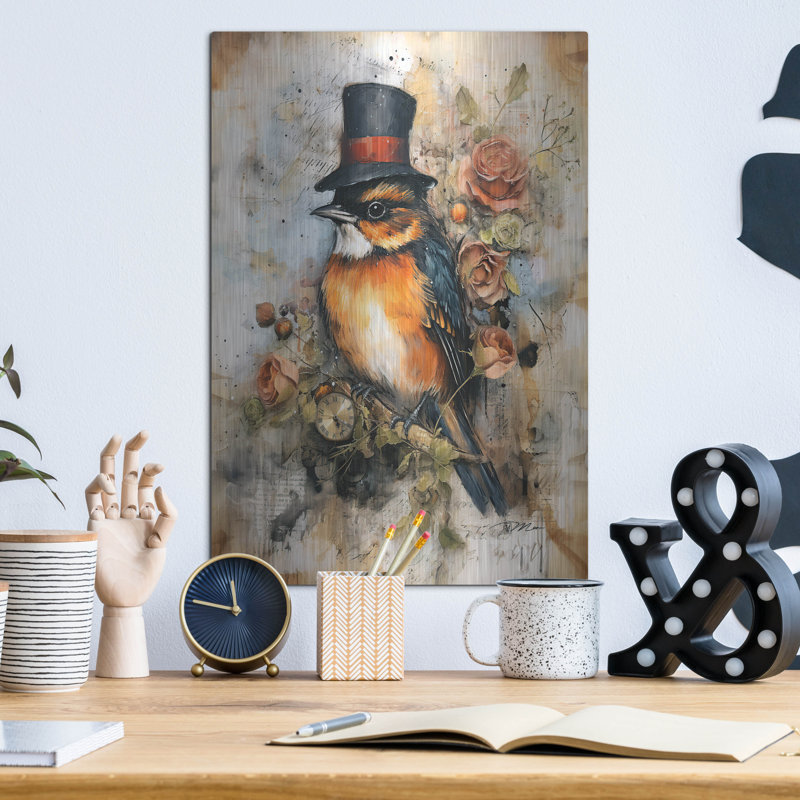 «Robin With The Cylinder» par Momart, art mural en métal, H 16 po x l 12 po