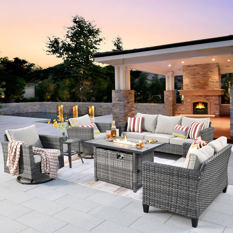 Harbin Wicker Rattan 7 - Person Outdoor Seating Group with Cushions with Fire Pit Table with Swivel Rocking Chairs, Beige