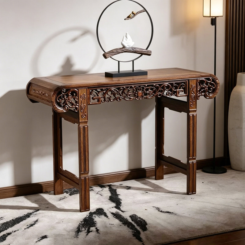 Retro Brown Carved Solid Wood Console Table