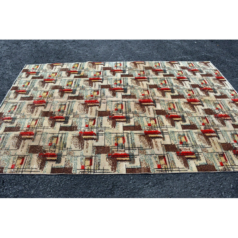 Tapis turc rétro avec un design moderne Mid-Century et des motifs géométriques en rouge et brun brun / rouge