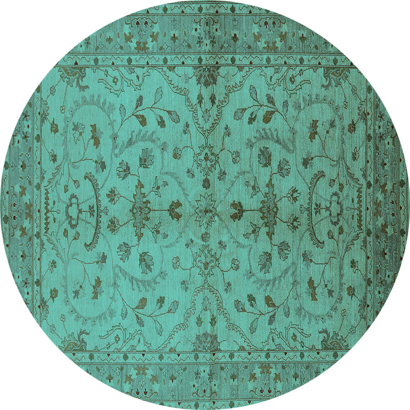 Tapis oriental en laine / polyester tissé à la machine en turquoise / brun, Rond 3 pi