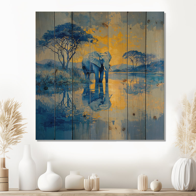 Éléphant au bord de l'eau - Éléphant, art mural en bois animal - sur bois de pin naturel, H 36 po x l 36 po x P 0,78 po