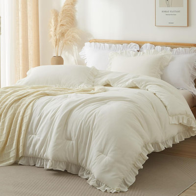 Suncomfy Ruffled Queen Size Comforter Set Cream Shabby Chic Bedding
