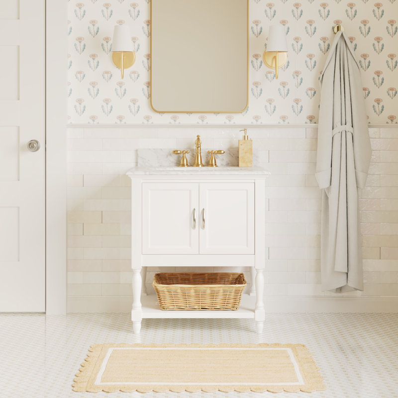 Hampton 30'' Single Bathroom Vanity with Top, Carrara Marble, White