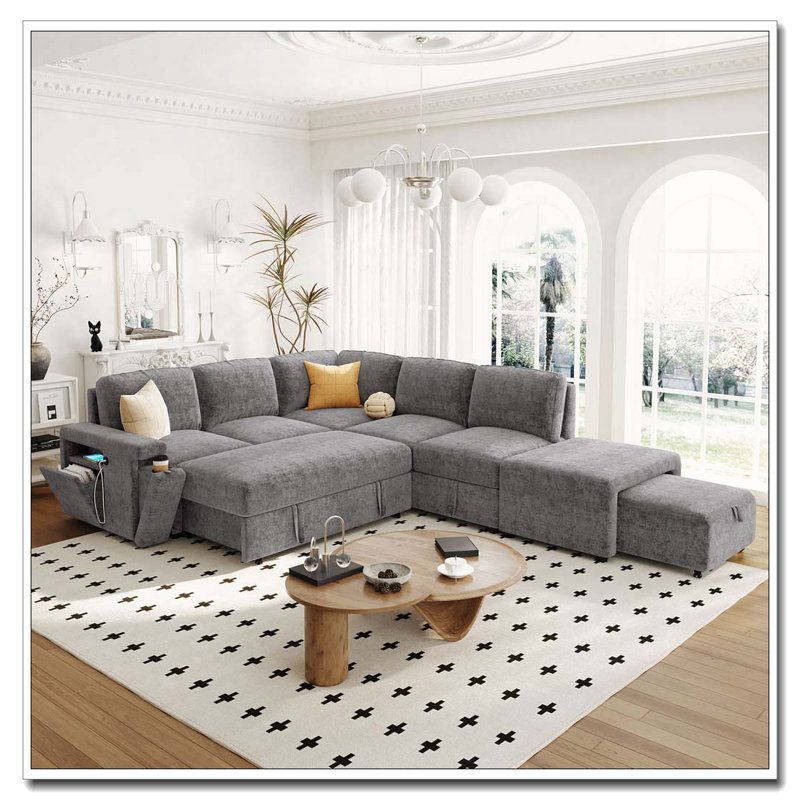 Canapé modulaire rembourré en L avec espace de rangement, Gris
