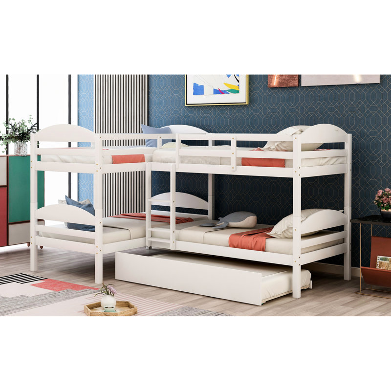 Lit simple superposé en L avec lit gigogne - blanc, ensemble de couchage polyvalent pour les familles, version blanche. Fabrication en pin massif. Les activités familiales. 6 ans et plus. Pas de boîte à ressorts. Poids de 300 lb