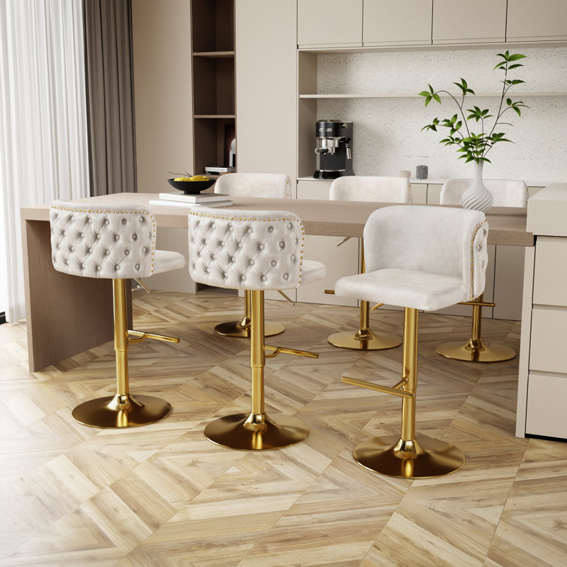 Ensemble de 8 tabourets de bar à hauteur cloutée Modern, Gris clair / doré