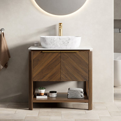 Meuble-lavabo de salle de bain 30 po, meuble de rangement autoportant en contreplaqué avec 2 portes diagonales rayées et tablette ouverte, lavabo en céramique à motif marbré et plateau en pierre frittée blanc de Carrare
