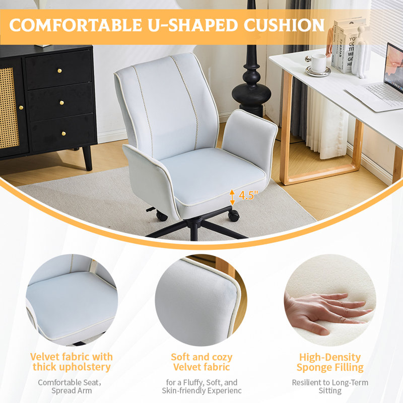 Chaise de bureau pivotante en velours à queue d'aronde 28,5 po, Bleu