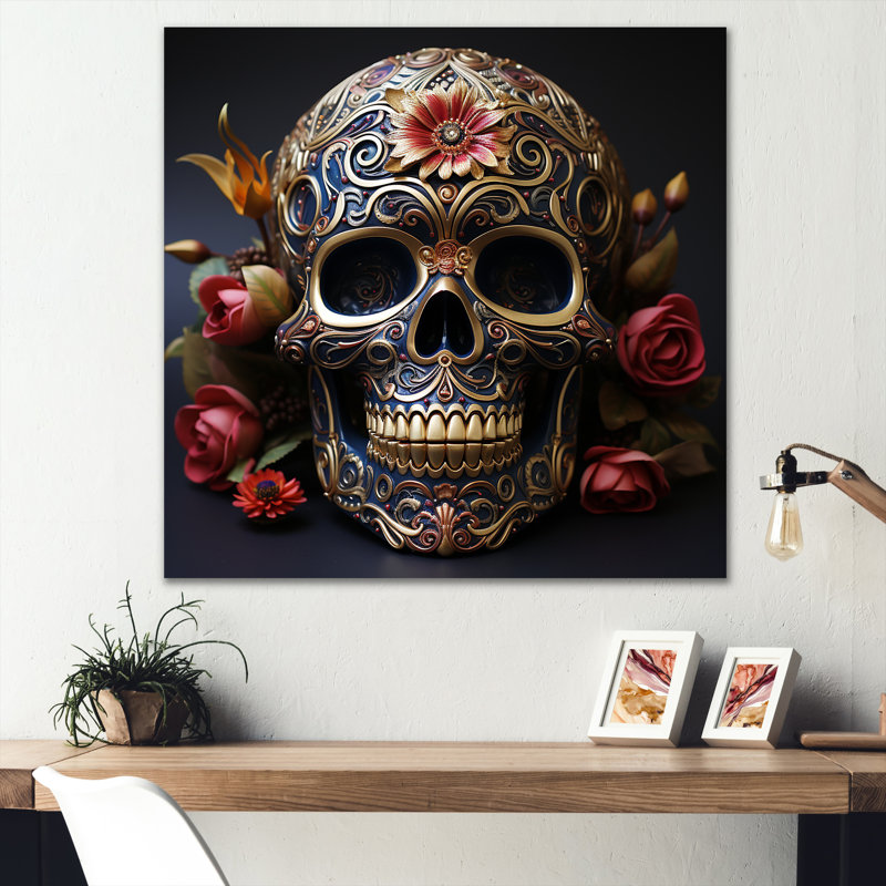 Art floral crâne mexicain doré II - art mural crâne pour le salon, Toile tendue, H 36 po x l 36 po x P 1,5 po
