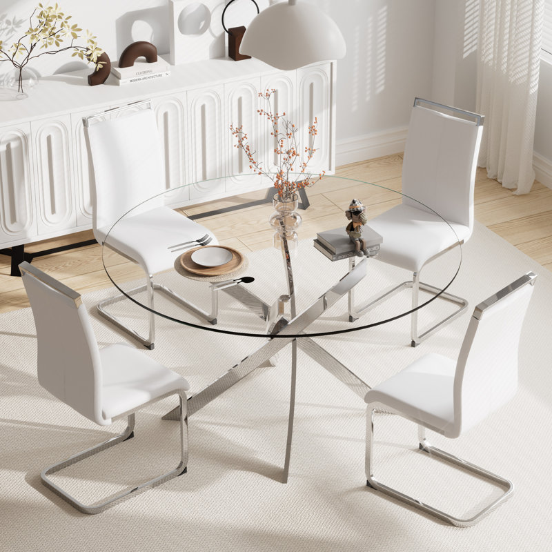Ensemble de table de salle à manger 5 pièces, table ronde en verre trempé de 42 pouces et 4 chaises de salle à manger rembourrées.