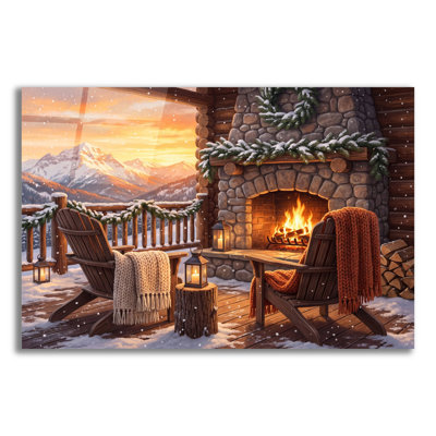 «Winter Mountain Cabin Fireplace» par Veve, art mural en verre acrylique, 16 po x 12 po