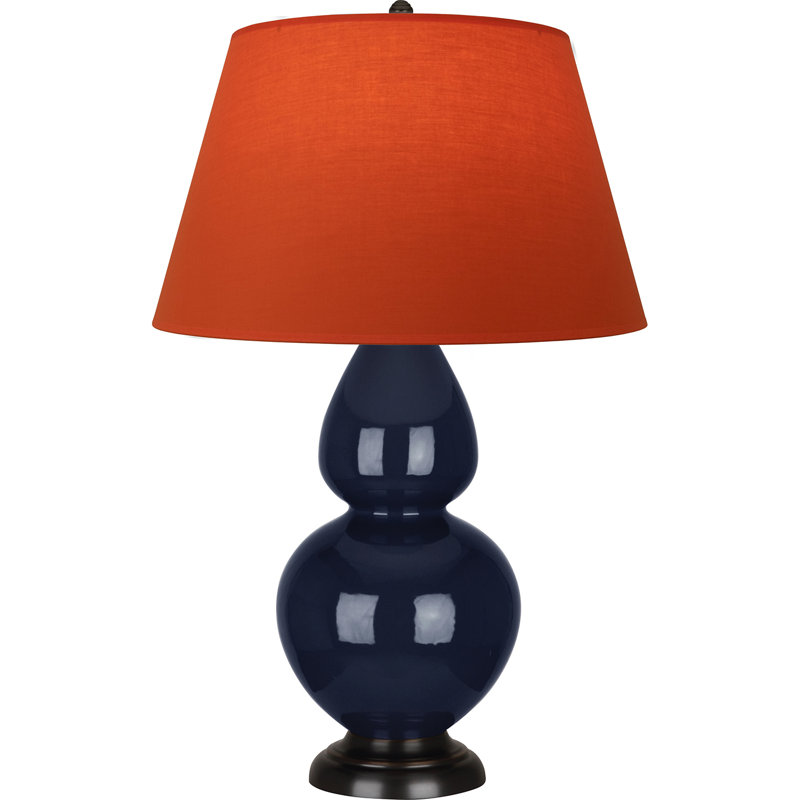 Lampe de table double gourde en céramique, Bleu minuit émaillé / bronze, Tangerine / doublure taupe, Bronze