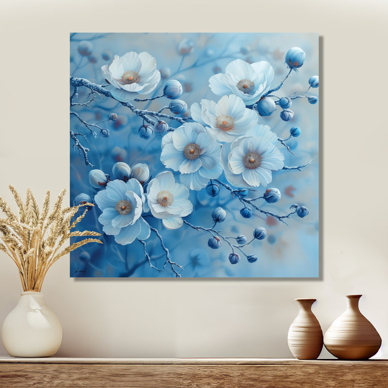 Bleu blanc, coquelicots, hiver, beauté I - coquelicots, art mural, salon, Métal métal, H 16 po x l 16 po x P 1 po