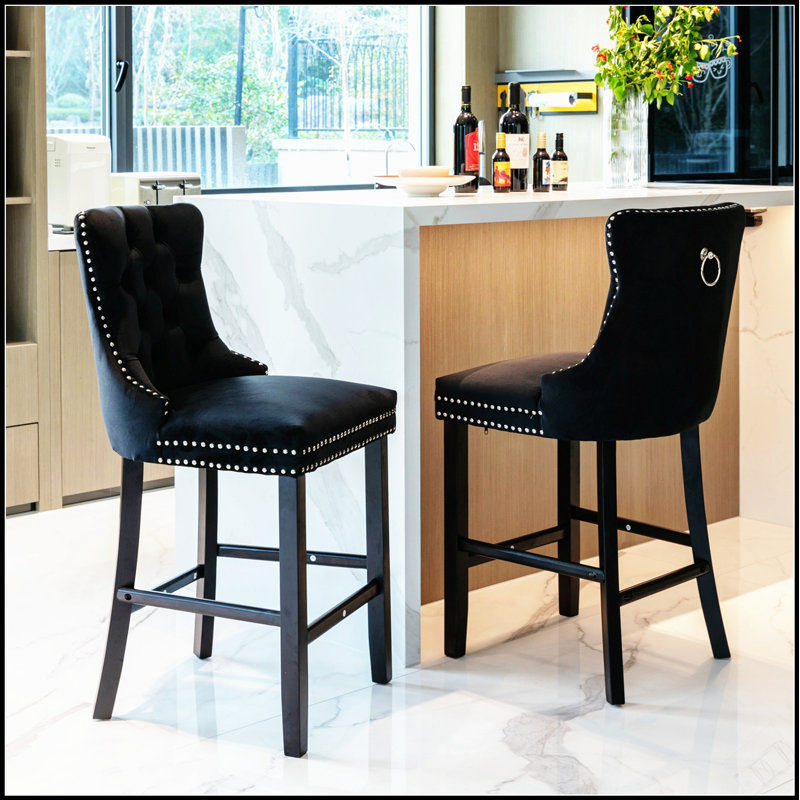 Tabourets de bar contemporains rembourrés en velours avec décoration capitonnée à boutons et hauteur réglable, Noir