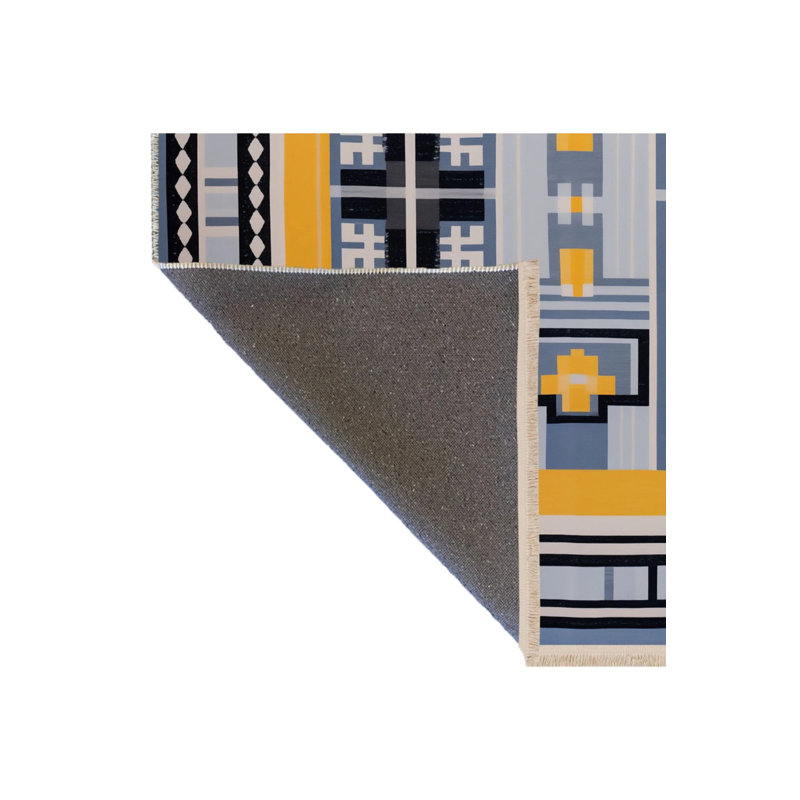 Tapis décoratif à motif géométrique à motif géométrique bleu et jaune, Tapis de couloir 3 pi 4 po x 9 pi 11 po