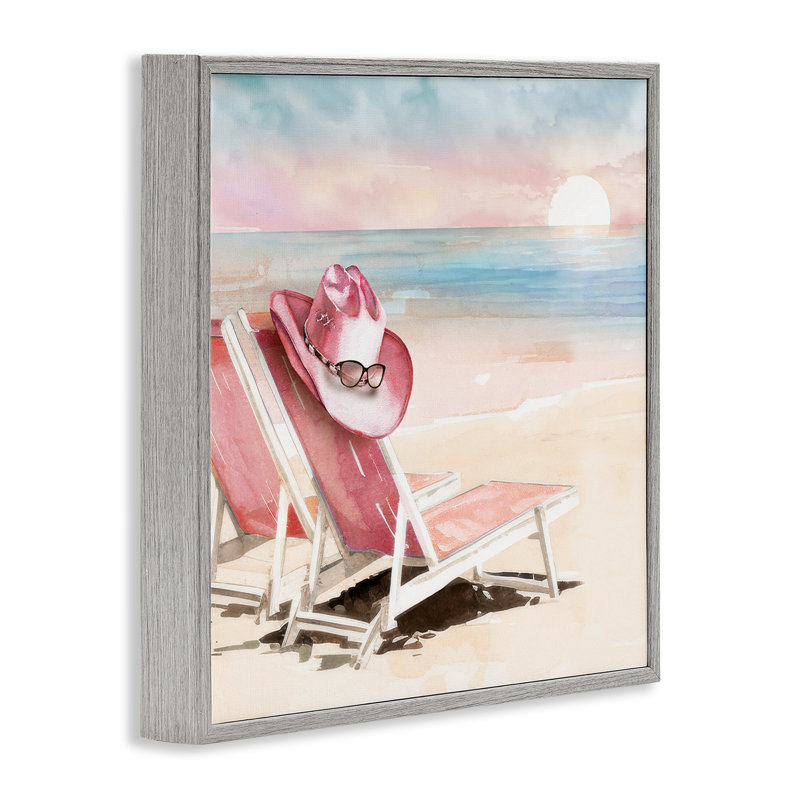 Fauteuil de plage rose rosé, estampe numérique, design par Paul Mathenia, H 17 po x l 17 po, Giclée de ferme grise encadrée