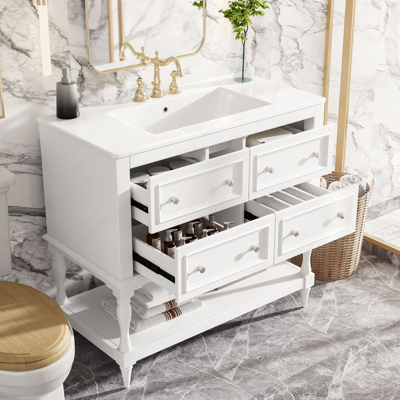 Ensemble de meuble-lavabo 36 po avec ensemble de meuble-lavabo, lavabo en céramique encastré, ensemble de meuble-lavabo autoportant avec 4 tiroirs, armoire de salle de bain avec cadre en bois massif