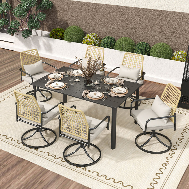 Ensemble repas extérieur pour 6 personnes avec coussins, Coussin crème / plateau de table noir